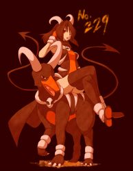 Rule 34 | 1girl, black and rust, brown hair, creatures (company), demon tail, game freak, gen 2 pokemon, gloves, horns, horror (theme), houndoom, jewelry, kuromiya, crossed legs, leotard, moemon, necklace, nintendo, open mouth, personification, pokedex number, pokemon, pokemon (creature), red eyes, ruffling hair, shoes, sidesaddle, sitting, tail, thighhighs