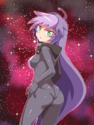 Rule 34 | 1girl, ahoge, ass, bodysuit, breasts, cougar (cougar1404), from behind, green eyes, long hair, looking at viewer, medium breasts, original, pantylines, purple hair, shiny clothes, sideboob, skin tight, solo, space, very long hair