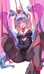 Rule 34 | 1girl, absurdres, animal ears, axis pr, bare shoulders, black leotard, blue eyes, blue hair, blush, bow, bowtie, breasts, detached collar, fake animal ears, feet, foot focus, foreshortening, hair ornament, hatsune miku, heart, highres, leotard, long hair, looking at viewer, pantyhose, playboy bunny, pure pure (rabbit hole), rabbit ears, rabbit hole (vocaloid), ribbon, smile, soles, solo, toes, twintails, vocaloid, x hair ornament