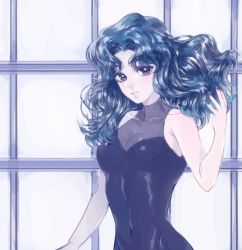 Rule 34 | 1girl, bare shoulders, bishoujo senshi sailor moon, blue hair, blue theme, delivery (pixiv23805551), kaiou michiru, leotard, long hair, looking at viewer, parted lips, shiny clothes, skin tight, sleeveless, solo, wavy hair