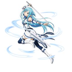 Rule 34 | 1girl, arm up, asuna (sao-alo), blue eyes, blue hair, blue thighhighs, boots, braid, crown braid, detached sleeves, dress, floating hair, french braid, frown, full body, highres, holding, holding sword, holding weapon, knee boots, leg up, long hair, looking at viewer, official art, pointy ears, running, sheath, short dress, short sleeves, solo, sword, sword art online, thighhighs, transparent background, very long hair, weapon, white dress, white footwear, white sleeves, zettai ryouiki