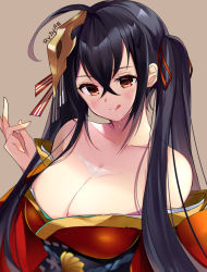 Rule 34 | 1girl, ahoge, artist name, azur lane, bare shoulders, black hair, blush, breasts, brown background, cleavage, collarbone, hair between eyes, hair ornament, hair ribbon, japanese clothes, kimono, large breasts, licking lips, long hair, looking at viewer, off shoulder, red eyes, ribbon, ry thae, signature, simple background, smile, solo, taihou (azur lane), tongue, tongue out, twintails, upper body