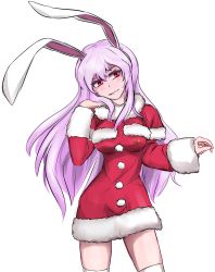 Rule 34 | 1girl, :d, animal ears, blush, crescent, dress, fur trim, grin, hand in own hair, head tilt, highres, long hair, long sleeves, open mouth, pan-ooh, purple hair, rabbit ears, red dress, red eyes, reisen udongein inaba, santa costume, smile, solo, standing, teeth, thighhighs, touhou, transparent background, very long hair, white background, white thighhighs, zettai ryouiki