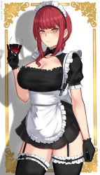 Rule 34 | 1girl, absurdres, alternate costume, apron, black dress, black gloves, black thighhighs, braid, braided ponytail, breasts, chainsaw man, cleavage, cowboy shot, cup, dress, drinking glass, enmaided, frilled dress, frilled thighhighs, frills, garter straps, gloves, highres, hioyami, large breasts, long hair, looking at viewer, maid, maid apron, maid headdress, makima (chainsaw man), patreon username, red hair, ringed eyes, shadow, short dress, sidelocks, solo, thighhighs, thighs, wine glass, yellow eyes