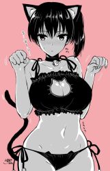 Rule 34 | 10s, 1girl, animal ears, bell, blush, breasts, cat cutout, cat ear panties, cat ears, cat lingerie, cat tail, cleavage cutout, clothing cutout, jingle bell, kaga (kancolle), kantai collection, kojima saya, large breasts, looking at viewer, meme attire, monochrome, navel, panties, paw pose, short hair, side-tie panties, side ponytail, solo, tail, underwear, underwear only