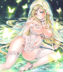 Rule 34 | 1girl, artist name, at classics, bare shoulders, between breasts, blonde hair, blue eyes, breasts, bridal gauntlets, bridal veil, bug, butterfly, closed mouth, earrings, elf, garter straps, hair censor, hair over breasts, hair over one breast, hand on own chest, insect, jewelry, large breasts, leggings, long hair, looking at viewer, navel, original, pointy ears, sample watermark, sitting, smile, solo, stomach, tiara, toeless legwear, toes, traditional media, veil, very long hair, watermark, yokozuwari