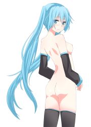 Rule 34 | 1girl, aqua eyes, aqua hair, ass, bad id, bad pixiv id, breasts, detached sleeves, hatsune miku, jack dempa, long hair, looking back, nipples, nude, simple background, solo, thighhighs, twintails, very long hair, vocaloid, white background