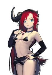 Rule 34 | 1girl, bella (crusaders quest), bikini, breasts, crusaders quest, horns, long hair, looking at viewer, navel, red hair, simple background, single horn, small breasts, solo, swimsuit, thighs, underwear, very long hair, white background