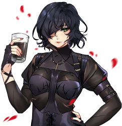 Rule 34 | 1girl, black bodysuit, black gloves, black hair, black survival, bodysuit, closed mouth, cola, cup, fingerless gloves, gloves, green eyes, hair over one eye, hand on own hip, highres, holding, holding cup, lips, lipstick, long sleeves, looking at viewer, makeup, medium hair, meuwzza (me zwa), nail polish, petals, red nails, rozzi (black survival), simple background, solo, white background