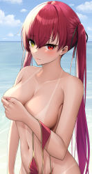 Rule 34 | 1girl, absurdres, bikini, black ribbon, breasts, closed mouth, cloud, covering breasts, covering privates, day, hair ribbon, heterochromia, highres, holding, holding clothes, holding swimsuit, hololive, houshou marine, houshou marine (summer), laimer, large breasts, long hair, navel, ocean, outdoors, red eyes, red hair, ribbon, sky, solo, stomach, swimsuit, tan, tanline, twintails, unworn bikini, virtual youtuber, yellow eyes