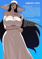 Rule 34 | 1girl, bare shoulders, breasts, cleavage, closed eyes, covered erect nipples, dress, female focus, hasshaku-sama, hat, huge breasts, lipstick, long hair, makeup, nail polish, pokkuti, solo, strapless, strapless dress, sun hat, text focus, very long hair