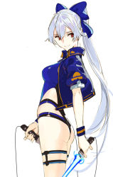 Rule 34 | 1girl, ass, blue bow, blue jacket, blue one-piece swimsuit, bow, breasts, closed mouth, competition swimsuit, dual wielding, energy sword, fate/grand order, fate (series), hair between eyes, hair bow, highleg, highleg swimsuit, holding, holding sword, holding weapon, jacket, large breasts, long hair, looking at viewer, one-piece swimsuit, pako (pakosun), ponytail, red eyes, short sleeves, silver hair, simple background, smile, swimsuit, sword, thigh strap, thighs, tomoe gozen (fate), tomoe gozen (swimsuit saber) (fate), tomoe gozen (swimsuit saber) (first ascension) (fate), two-tone swimsuit, weapon, white background, white one-piece swimsuit