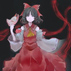 Rule 34 | 1girl, akitsu (davis0527dx), bow, brown hair, collarbone, detached sleeves, dress, expressionless, fox mask, hakurei reimu, looking to the side, mask, unworn mask, medium hair, red dress, simple background, solo, string, string of fate, touhou, wavy hair