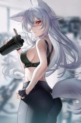 Rule 34 | 1girl, animal ears, ass, bad id, bad twitter id, bare arms, bare shoulders, black gloves, black pants, blurry, breasts, clothing cutout, cowboy shot, crop top, depth of field, eyepatch, fingerless gloves, fox ears, fox girl, fox tail, from side, gloves, grey hair, highres, holding, kawachi rin, long hair, looking at viewer, looking to the side, medium breasts, midriff, open mouth, original, pants, red eyes, sideboob, sleeveless, solo, sports bra, standing, sweatdrop, tail, tail through clothes, tumbler, v-shaped eyebrows, yoga pants