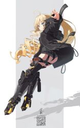 Rule 34 | 1girl, ahoge, ass, black jacket, blonde hair, blue eyes, character request, commission, copyright request, drill hair, highres, jacket, makadamixa, mechanical legs, qr code, skeb commission, smile, solo, thigh strap, twin drills, twintails, twitter username