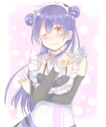 Rule 34 | 1girl, apron, blue hair, blush, commentary request, detached sleeves, double bun, hair between eyes, hair bun, long hair, looking at viewer, love live!, love live! school idol project, maid, maid apron, maid headdress, mogyutto &quot;love&quot; de sekkin chuu!, one-hour drawing challenge, one eye closed, shijimi kozou, simple background, solo, sonoda umi, yellow eyes