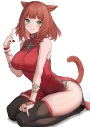 Rule 34 | 1girl, animal ears, black thighhighs, blush, breasts, brown hair, brown tail, cat ears, cat girl, cat tail, china dress, chinese clothes, closed mouth, commission, double-parted bangs, dress, facial mark, final fantasy, final fantasy xiv, green eyes, hand on own leg, hand up, highres, kneeling, large breasts, looking at viewer, medium hair, miqo&#039;te, red dress, seiza, side slit, simple background, sitting, skeb commission, skindentation, solo, squatting, strapless, strapless dress, tail, thighhighs, thighs, torisanff14, v, warrior of light (ff14), whisker markings