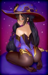 Rule 34 | 1girl, :t, absurdres, bare shoulders, black hair, black pantyhose, commentary, detached sleeves, earrings, from behind, full body, genshin impact, gloves, green eyes, hair between eyes, hat, highres, jewelry, kairunoburogu, leotard, long hair, looking at viewer, looking back, mona (genshin impact), no shoes, pantyhose, pout, purple gloves, sitting, solo, toes, twintails, very long hair, witch hat