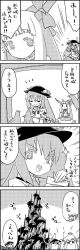 Rule 34 | ^^^, 2girls, 4koma, bag, bird, bow, bowtie, comic, commentary request, closed eyes, food, from behind, fruit, gourd, greyscale, hair bow, hat, highres, hinanawi tenshi, horn bow, horns, ibuki suika, long hair, monochrome, multiple girls, open mouth, peach, pointing, smile, tani takeshi, touhou, translation request, yukkuri shiteitte ne