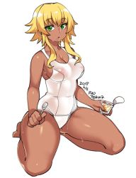 Rule 34 | 1girl, agawa ryou, barefoot, blonde hair, blue eyes, breasts, cleavage, commentary, dark-skinned female, dark skin, english commentary, food, food on face, full body, medium breasts, nipples, one-piece swimsuit, original, pudding, see-through, seiza, short hair with long locks, sideboob, sitting, solo, spool, swimsuit, thighhighs, thighs, wet, wet clothes, wet swimsuit, white background, white one-piece swimsuit, wide hips