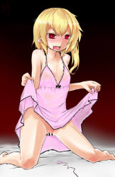 Rule 34 | 1girl, alternate costume, bar censor, bed sheet, blonde hair, blush, breasts, camisole, censored, chemise, collarbone, covered erect nipples, drooling, egg vibrator, flandre scarlet, harry (namayake), highres, kneeling, nipples, no panties, nose blush, pointy ears, pussy juice, pussy juice trail, red eyes, see-through, sex toy, short hair, small breasts, solo, spread legs, touhou, vibrator