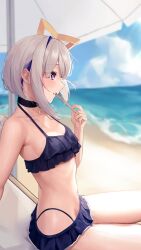 Rule 34 | 1girl, absurdres, alternate costume, amane kanata, angel wings, asymmetrical hair, beach, beach umbrella, bikini, bikini skirt, black choker, blue bikini, blue hair, blue sky, blurry, blurry background, blush, breasts, choker, cloud, cloudy sky, colored inner hair, commentary, day, expressionless, eyes visible through hair, feet out of frame, frilled bikini, frills, from side, grey hair, halo, highres, holding, hololive, multi-strapped bikini, multicolored hair, navel, outdoors, parted lips, pink hair, popsicle stick, profile, purple eyes, short hair, single hair intake, sitting, sky, small breasts, smallpine 7, solo, star (symbol), star choker, stomach, swimsuit, umbrella, virtual youtuber, wings