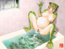 Rule 34 | 1girl, arm support, bathtub, giving birth, breasts, breasts apart, brown hair, censored, egg, egg laying, frog, frog girl, full body, indoors, knees up, machino henmaru, medium breasts, monster girl, mosaic censoring, nipples, nude, peeking, pregnant, solo, tile wall, tiles, webbed feet, what, window