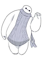 Rule 34 | arm at side, baymax, big hero 6, commentary, full body, hand up, looking at viewer, meme attire, monochrome, no pants, ribbed sweater, simple background, sleeveless, solo, sweater, tomo (torauto saamon), virgin killer sweater, white background