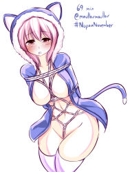 Rule 34 | 10s, 1girl, animal ears, animal hood, arms behind back, bdsm, blush, bondage, bound, breast bondage, breasts, cat ears, cat tail, completion time, crotch rope, drooling, half-closed eyes, hood, hoodie, kaname madoka, large breasts, long hair, mahou shoujo madoka magica, mahou shoujo madoka magica (anime), maullarmaullar, no bra, no panties, open clothes, open hoodie, pink eyes, pink hair, rope, shibari, sideboob, solo, tail, thighhighs, twitter username, white thighhighs