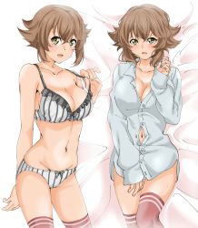 Rule 34 | 1girl, absurdres, bra, breasts, brown hair, cleavage, collarbone, commentary request, contrapposto, cowboy shot, cropped legs, dress shirt, frilled bra, frills, green eyes, highres, kantai collection, large breasts, long sleeves, looking at viewer, lying, maonatten, multiple views, mutsu (kancolle), navel, no headgear, panties, shirt, short hair, standing, striped bra, striped clothes, striped panties, underwear