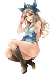 Rule 34 | 1girl, absurdres, adapted costume, alternate costume, arm behind back, asakaze (kancolle), ass, blue bow, blue eyes, blue one-piece swimsuit, boots, bow, breasts, casual one-piece swimsuit, collarbone, competition swimsuit, cross-laced footwear, eureka (eureka-0075), forehead, full body, hair ribbon, highres, kantai collection, knee boots, lace-up boots, light brown hair, lips, long hair, looking at viewer, one-piece swimsuit, open mouth, parted bangs, ribbon, sash, signature, simple background, small breasts, solo, swimsuit, thighs, wavy hair, white background