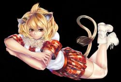 Rule 34 | 10s, 1girl, animal ears, arm support, bare arms, black background, blonde hair, brown eyes, closed mouth, commentary request, dutch angle, feet up, full body, fur collar, hair between eyes, hair over shoulder, hand on own arm, head tilt, kemono friends, lion (kemono friends), lion ears, lion tail, looking at viewer, lying, medium hair, necktie, on stomach, plaid, plaid necktie, plaid neckwear, plaid skirt, plaid sleeves, red skirt, shirasu (19san), shirt, shoes, short sleeves, simple background, skirt, smile, solo, tail, thighhighs, white footwear, white shirt, zettai ryouiki