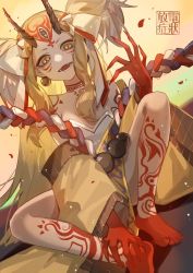 Rule 34 | 1girl, artist name, bare shoulders, barefoot, blonde hair, colored skin, dutch angle, earrings, facial tattoo, fang, fate/grand order, fate (series), fingernails, foot out of frame, hair ribbon, hand on own foot, hand up, highres, horns, ibaraki douji (fate), ibaraki douji (onmyoji), japanese clothes, jewelry, kimono, knee up, leg tattoo, long sleeves, looking at viewer, neck tattoo, off shoulder, oni, oni horns, open mouth, penzai fengli, red skin, ribbon, rope, sharp fingernails, shimenawa, sidelocks, sitting, smile, solo, tattoo, two side up, wide sleeves, yellow background, yellow eyes, yellow kimono