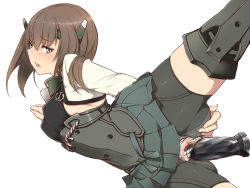 Rule 34 | 10s, 1girl, alternate color, bad id, bad pixiv id, bike shorts, brown eyes, brown hair, censored, drooling, headband, headgear, kantai collection, mosaic censoring, object insertion, open mouth, owarida, personification, short hair, simple background, skirt, solo, spooning, taihou (kancolle), thighhighs, vaginal, white background