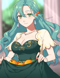 Rule 34 | 1girl, aqua hair, braid, breasts, casual, chloe (fire emblem), cleavage, clothes lift, dress, dress lift, earrings, fire emblem, fire emblem engage, food, fruit, green eyes, highres, holding, jewelry, large breasts, long hair, looking at viewer, nintendo, official alternate costume, orange (fruit), peach11 01, side braid, smile, solo, very long hair