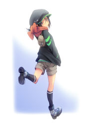 Rule 34 | 1girl, ankle boots, backpack, bag, black hair, black socks, blue background, blue eyes, boots, from behind, fu-ta, full body, hands in pockets, hat, kneehighs, long sleeves, looking back, original, red scarf, scarf, shoe soles, short hair, shorts, simple background, socks, solo, tied scarf, white background
