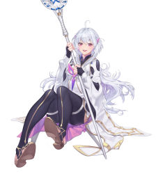 Rule 34 | 1girl, absurdres, ahoge, black gloves, black thighhighs, dress, eyebrows hidden by hair, fate/grand order, fate/prototype, fate (series), fingerless gloves, gloves, highres, holding, holding staff, long hair, looking at viewer, merlin (fate/prototype), merlin (fate/prototype) (second ascension), open mouth, pointy ears, red eyes, silver hair, simple background, sitting, smile, solo, staff, sugarhigh, thighhighs, white background