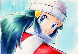 Rule 34 | 1girl, beanie, blue eyes, blue hair, closed mouth, coat, commentary request, creatures (company), dawn (pokemon), eyelashes, frown, game freak, green hair, hair ornament, hairclip, hat, iwane masaaki, long hair, looking back, multicolored hair, nintendo, pokemon, pokemon dppt, pokemon platinum, red coat, scarf, sketch, solo, upper body, white hat, white scarf, winter clothes