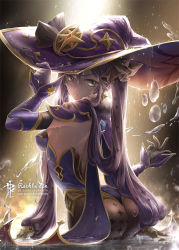 Rule 34 | 1girl, armpits, ass, black hair, breasts, bubble, detached sleeves, genshin impact, gloves, gold, gold trim, hat, hat ornament, highres, holding, holding clothes, holding hat, jewelry, lips, long hair, looking back, medium breasts, mona (genshin impact), pantyhose, rachta lin, rain, serious, twintails, very long hair, water, water drop, waterbending, wet, wet clothes
