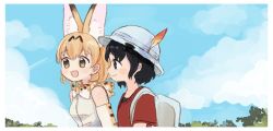 Rule 34 | 2girls, animal ears, backpack, bag, bare shoulders, black hair, blonde hair, blue eyes, bow, bowtie, commentary request, elbow gloves, extra ears, gloves, hat feather, helmet, kaban (kemono friends), kemono friends, korean commentary, multiple girls, pith helmet, print gloves, print neckwear, red shirt, san sami, serval (kemono friends), serval print, shirt, short hair, short sleeves, sleeveless, t-shirt, traditional bowtie, white shirt, yellow eyes