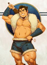 Rule 34 | 1boy, abs, avatar legends, bandaged arm, bandages, bara, bare pectorals, black hair, blue shorts, bolin, bulge, feet out of frame, fur-trimmed legwear, fur trim, green eyes, holding, holding weapon, male focus, muscular, muscular male, navel, nipples, official alternate costume, over shoulder, pectorals, short hair, short shorts, shorts, sideburns, smile, solo, stomach, the legend of korra, thick eyebrows, thick thighs, thighs, weapon, weapon over shoulder, xelgot