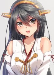 Rule 34 | 10s, 1girl, :d, bare shoulders, black hair, brown eyes, detached sleeves, hair between eyes, hairband, haruna (kancolle), kantai collection, keita (tundereyuina), long hair, looking at viewer, nontraditional miko, open mouth, smile, solo