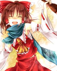 Rule 34 | 1girl, :d, armpits, ascot, bare shoulders, blue scarf, bottle, bow, brown hair, collar, detached sleeves, closed eyes, frilled collar, frilled shirt collar, frills, hair bow, hair tubes, hakurei reimu, japanese clothes, kutsuki kai, long sleeves, looking at viewer, miko, open mouth, red bow, ribbon-trimmed sleeves, ribbon trim, sake bottle, sarashi, scarf, shaded face, skirt, skirt set, smile, solo, touhou, wide sleeves