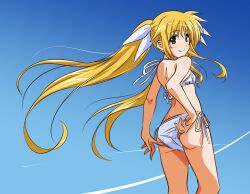 Rule 34 | 1girl, achanpuni, adjusting clothes, adjusting swimsuit, ass, bikini, blonde hair, blue sky, breasts, contrail, fate testarossa, feet out of frame, from behind, hair ribbon, highres, long hair, looking at viewer, looking back, lyrical nanoha, mahou shoujo lyrical nanoha, red eyes, ribbon, side-tie bikini bottom, sky, small breasts, solo, standing, swimsuit, twintails, white bikini, white ribbon