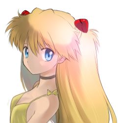 Rule 34 | 1girl, blonde hair, blue eyes, bow, breasts, brown hair, choker, closed mouth, dress, from side, hair between eyes, hair ornament, kikumaru bunta, looking at viewer, neon genesis evangelion, shade, simple background, sleeveless, sleeveless dress, small breasts, solo, souryuu asuka langley, two side up, upper body, white background, yellow bow, yellow dress