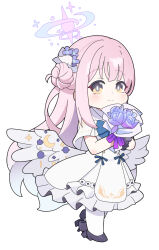 Rule 34 | 1girl, black footwear, blue archive, blue flower, blue rose, blush, bouquet, capelet, chibi, closed mouth, commentary request, crescent, dress, feathered wings, flower, frilled dress, frills, full body, hair bun, hair flower, hair ornament, halo, highres, holding, holding bouquet, looking at viewer, low wings, mika (blue archive), nyaru (nyaru 4126), pantyhose, pink hair, rose, shoes, simple background, single side bun, smile, solo, standing, white background, white capelet, white dress, white pantyhose, white wings, wings, yellow eyes