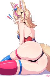Rule 34 | 1girl, absurdres, ahoge, animal ears, ass, bare shoulders, blonde hair, braid, breasts, brown eyes, earrings, embarrassed, fox ears, fox tail, from behind, highres, hololive, huge ass, jewelry, leotard, long hair, looking at viewer, multicolored hair, omaru polka, open mouth, pink hair, shiny clothes, shiny skin, sideboob, sitting, solo, tail, thick thighs, thighhighs, thighs, thong, thong leotard, virtual youtuber, vlack, yokozuwari
