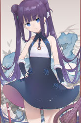 Rule 34 | 1girl, bare shoulders, blue dress, blue eyes, blunt bangs, blush, breasts, china dress, chinese clothes, closed mouth, detached sleeves, double bun, dress, fate/grand order, fate (series), flute, hair bun, hair ornament, hand on own hip, highres, instrument, leaf hair ornament, long hair, looking at viewer, neee-t, pipa (instrument), purple hair, short dress, sidelocks, small breasts, smile, solo, thighs, twintails, very long hair, yang guifei (fate), yang guifei (first ascension) (fate)
