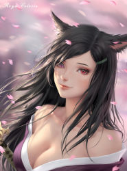 Rule 34 | 1girl, animal ears, warrior of light (ff14), bare shoulders, black hair, blurry, blurry background, breasts, cat ears, chuby mi, cleavage, dutch angle, final fantasy, final fantasy xiv, hair ornament, hairclip, highres, lips, long hair, looking at viewer, medium breasts, miqo&#039;te, off shoulder, petals, slit pupils, smile, solo, upper body, wind