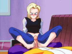 Rule 34 | 1girl, absurdres, android 18, barefoot, blonde hair, blue eyes, blush, bob cut, breasts, closed mouth, couch, dragon ball, dragonball z, embarrassed, feet, footjob, gmr, highres, indoors, large breasts, legs, looking at another, lying, medium hair, muten roushi, navel, pants, penis, raglan sleeves, sitting, thighs, toes, uncensored